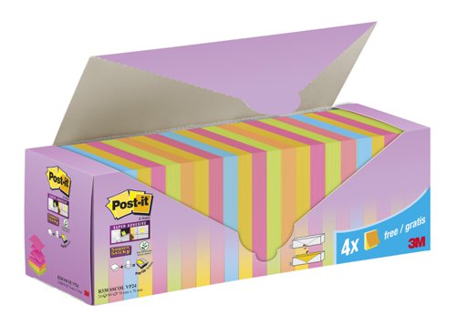 Post-it Super Sticky Z-Notes, Assorted Colours, 76 mm x 76 mm, Promo Pack, 90 Sheets/Pad, 20 + 4 FREE Pads/Pack, Cardboard Pack, 100% PEFC SGSCH-PEFC