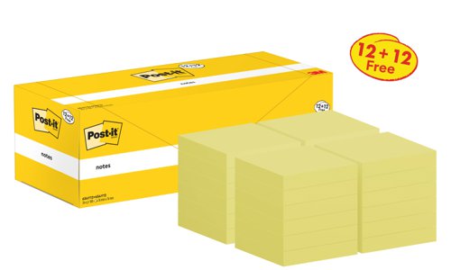 Post-it Notes, Canary Yellow, 76 mm x 76 mm, Promo Pack, 100 Sheets/Pad, 12 + 12 FREE Pads/Pack, Cardboard Pack, 100% PEFC SGSCH-PEFC-COC-110078