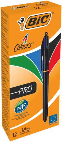 BIC 4 Colours Black Barrel Pro Ball Pen Pack of 12