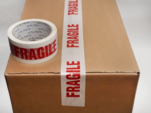 BOX of 72 Rolls Printed BOPP Tape FRAGILE 48mm 66m 38mu Red/ Wht TFB486638 - 12 Packs of 6 Per Box