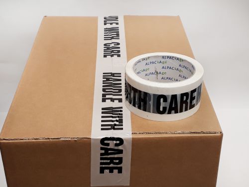 BOX of 72 Rolls Printed BOPP Tape HANDLE WITH CARE 48mm 66m 38mu Blk/ Wht THB486638 - 12 Packs of 6 Per Box