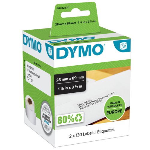 OEM Dymo 99010/S0722370 DirectLabel-etikettes 89mm x28mm Pack=2 for Dymo 400 Duo/60mm